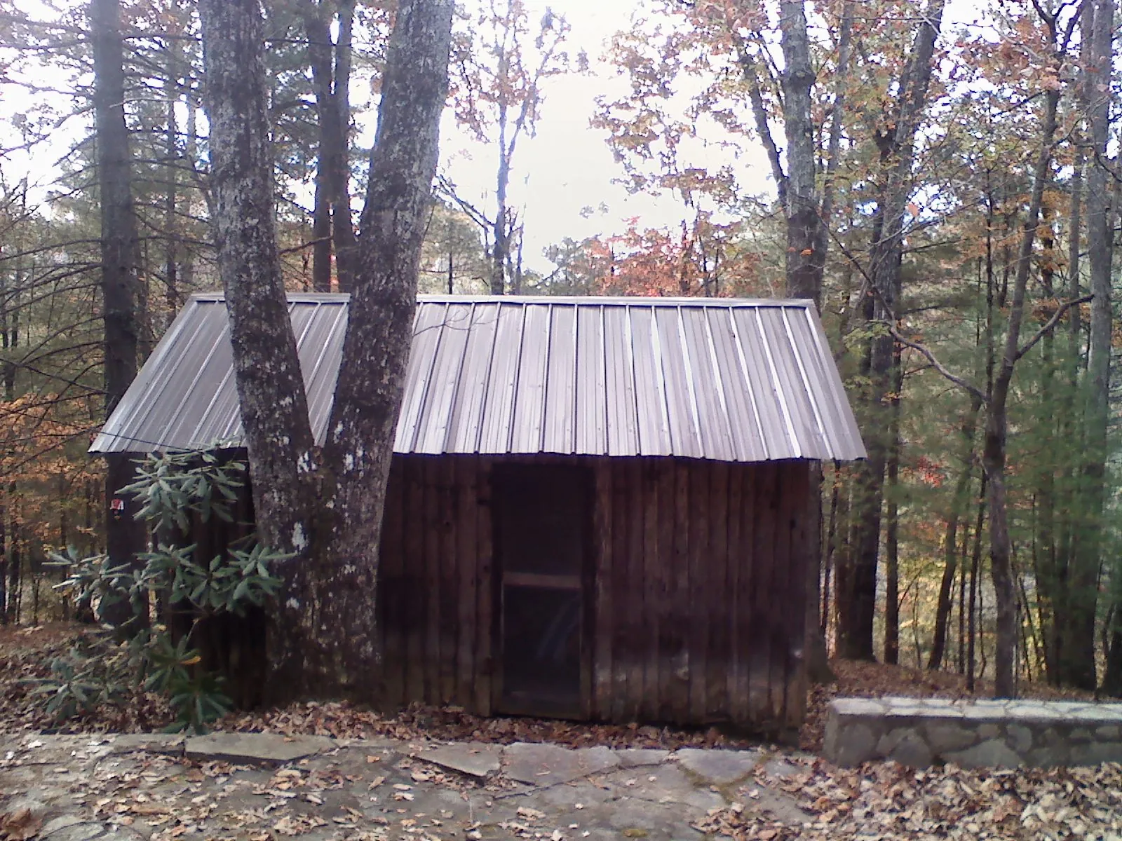 New metal gable roof on a small log shed among the trees in Maggie Valley