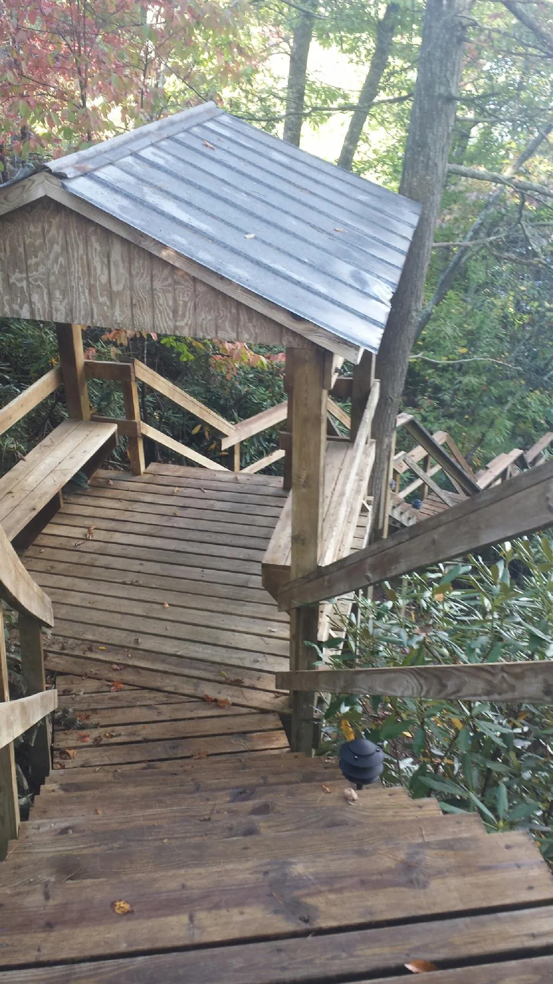 Metal roofed shelter over wooden steps on a wooded walkway — Skylight Repair & Installation work by our crew in Maggie Valley